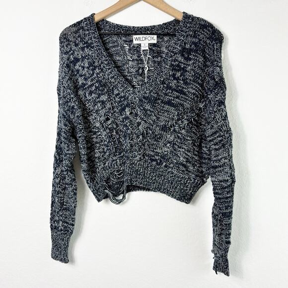 WILDFOX NANCY OXFORD DISTRESSED RIB-KNIT BLUE WOMEN V-NECK SWEATER SMALL NEW - Picture 2 of 6